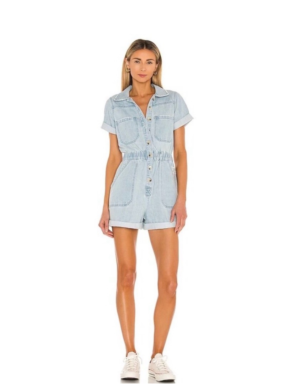 Show Me Your Mumu Cannon Denim Romper Medium Light Wash Button Front